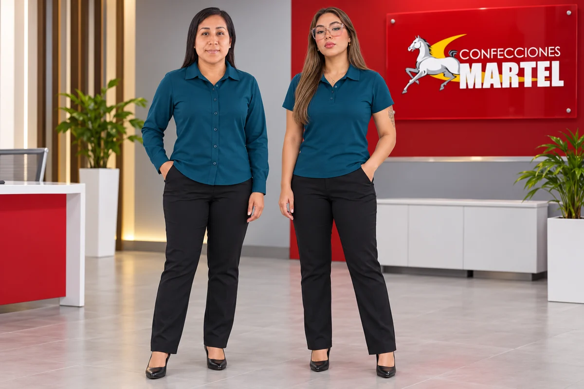 Dos mujeres con camisa y polo turquesa oscuro y pantalones negros