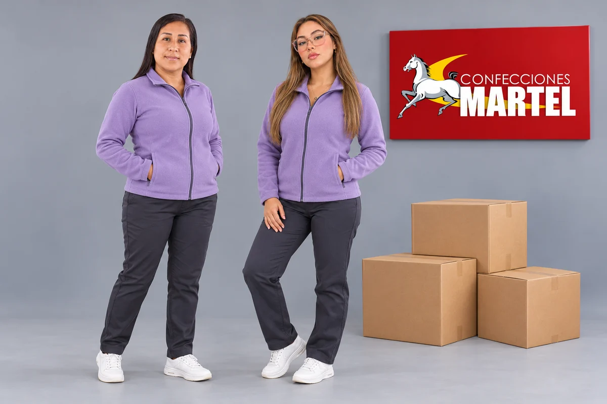 Dos mujeres con casacas lila y pantalones gris oscuro junto a cajas