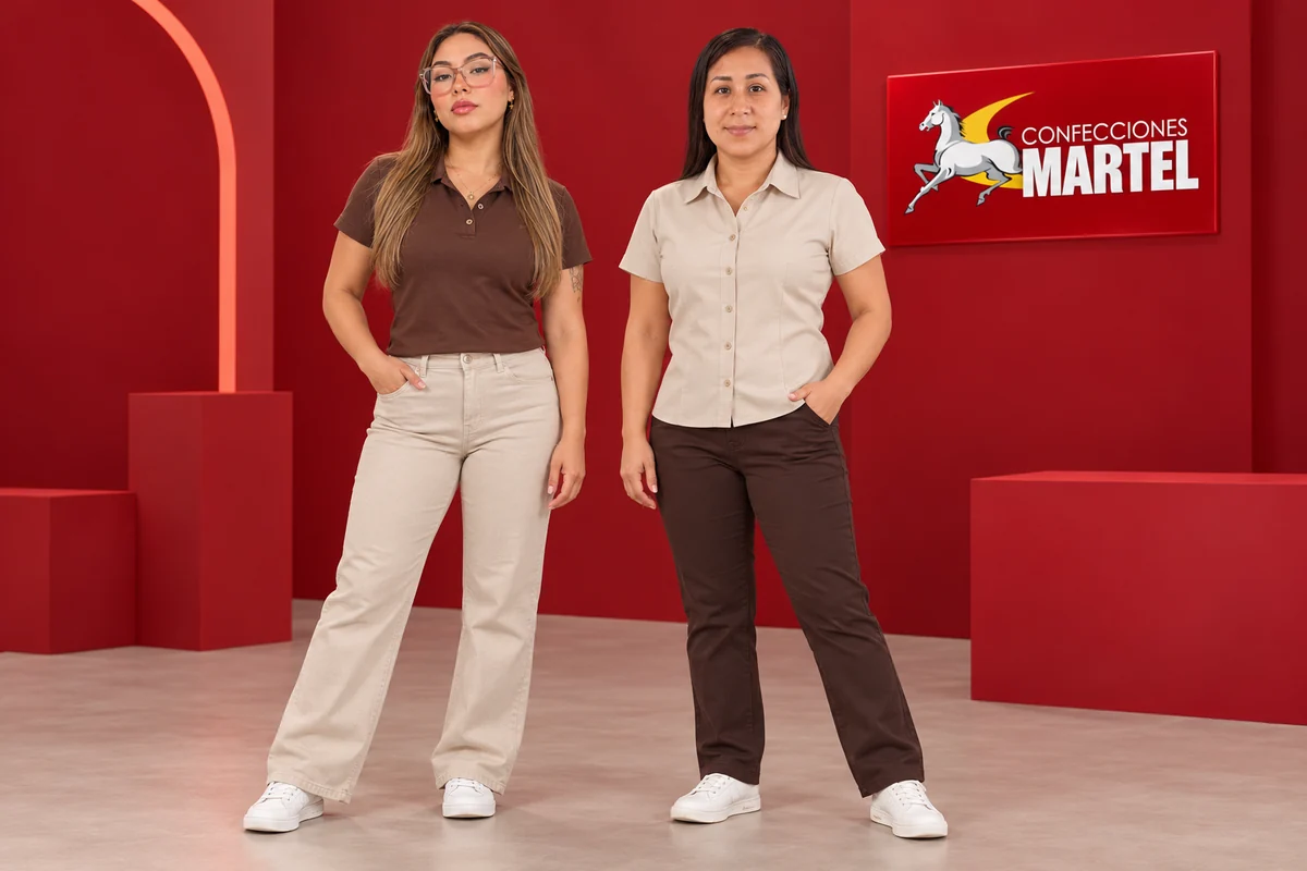 Dos mujeres con polo chocolate y camisa beige de atención comercial