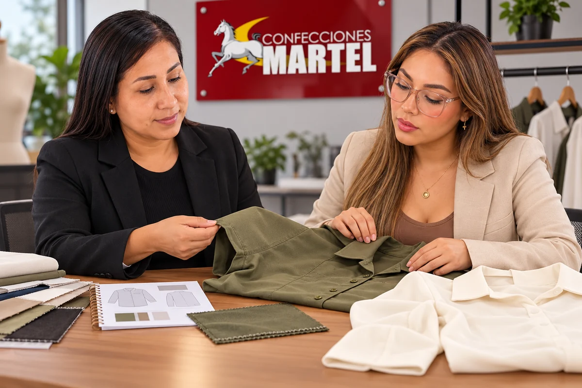 Dos mujeres revisan camisa oliva blusa blanco roto y muestras