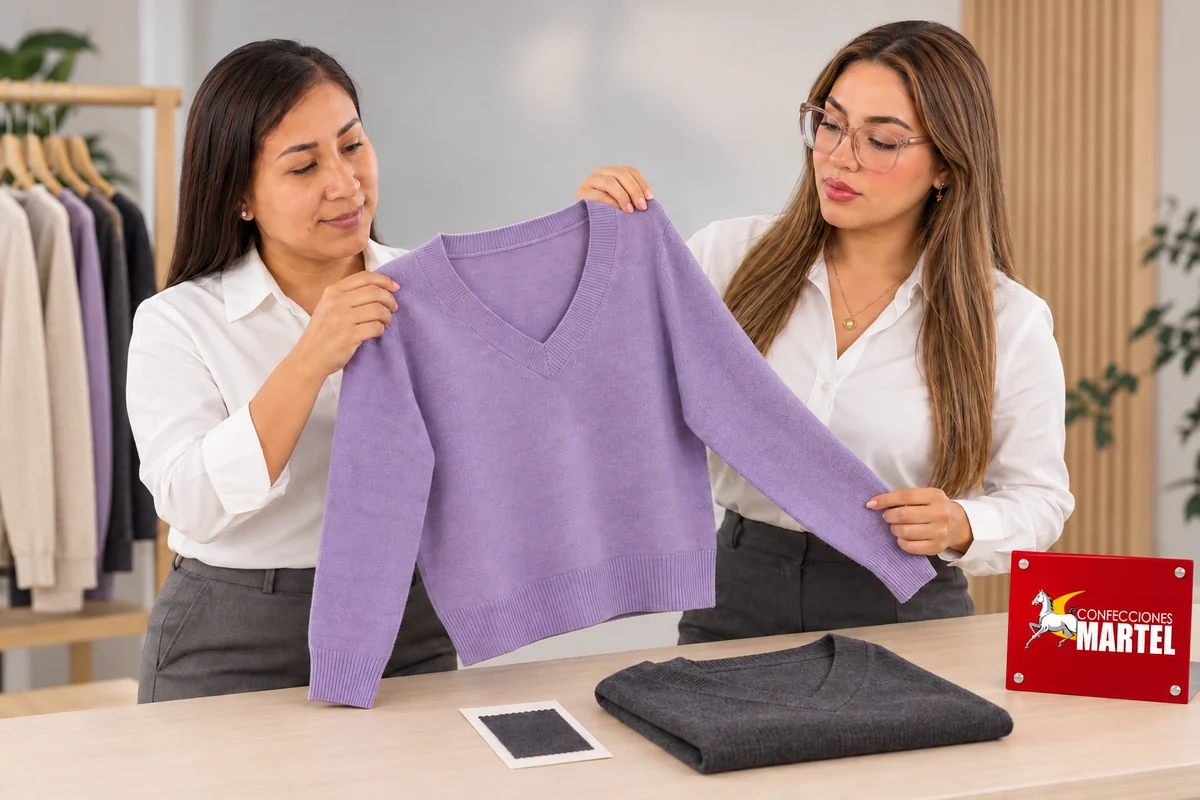 Dos mujeres revisan chompa lila cuello V y muestra gris