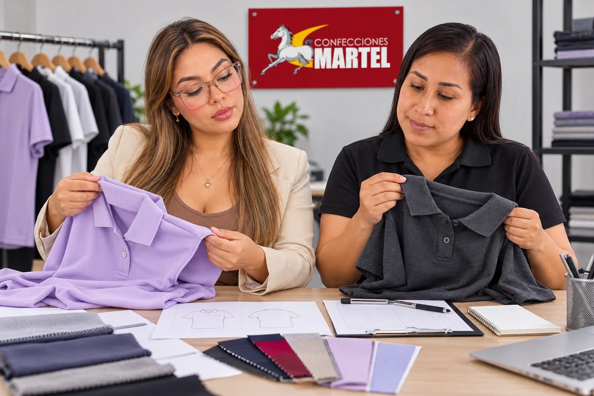 Dos mujeres revisan polos lila y gris con fichas sin datos