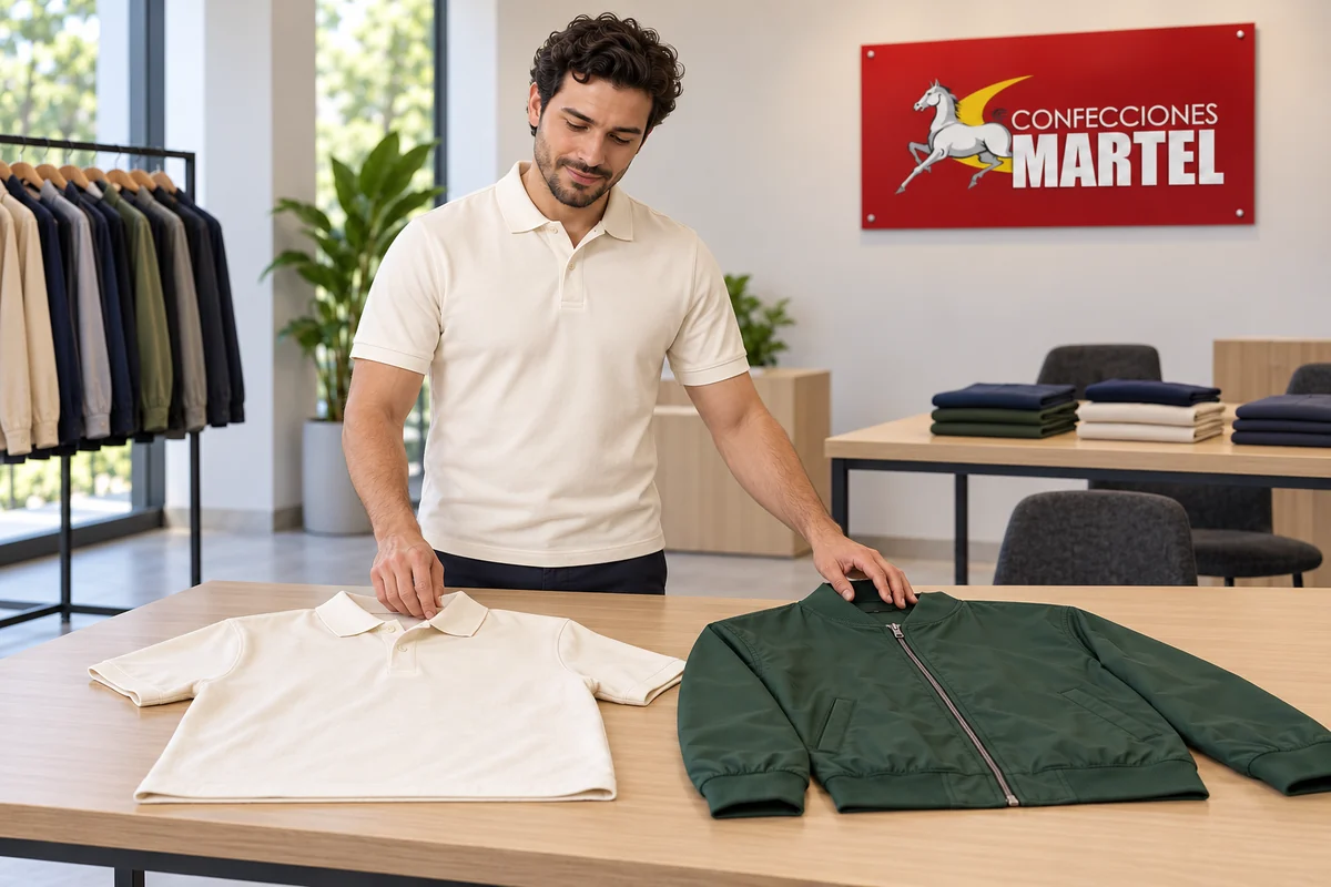 Modelo adulto compara un polo marfil y una chaqueta verde sobre una mesa