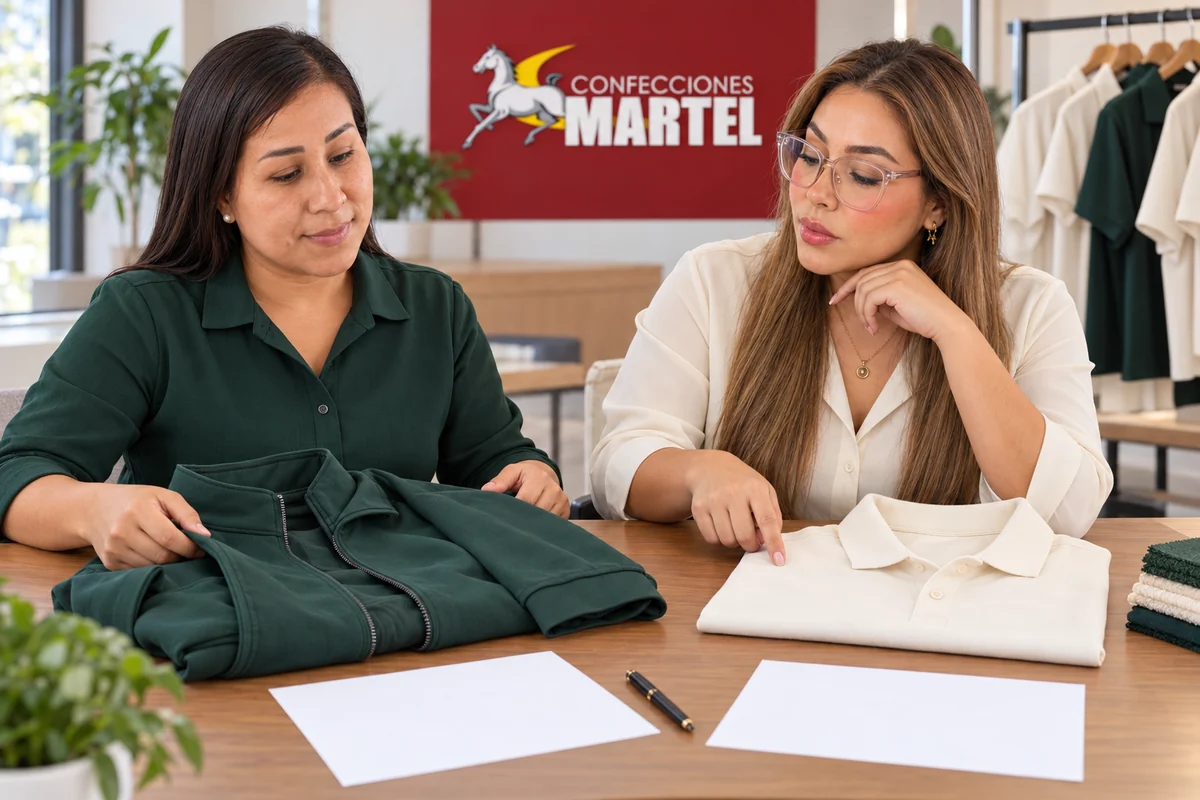 Dos modelos adultas revisan un polo marfil y una chaqueta verde junto a dos fichas