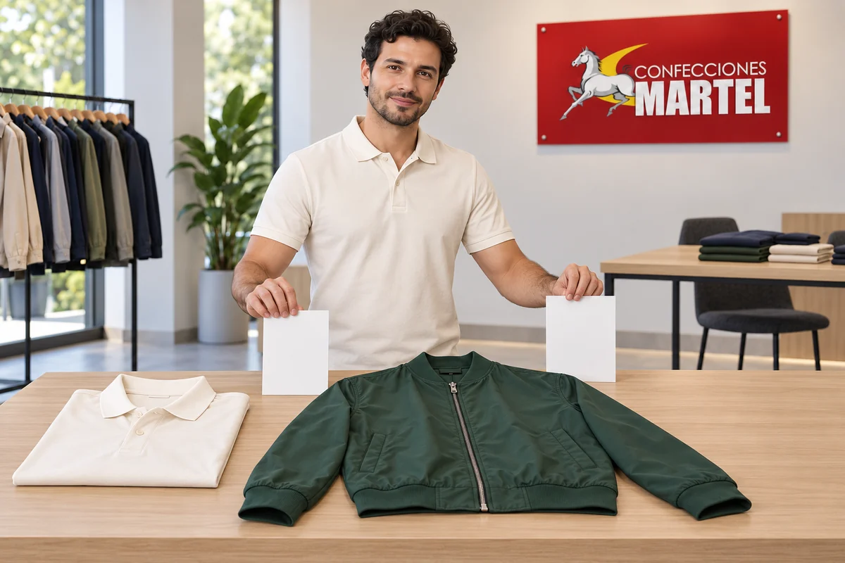 Modelo adulto muestra dos fichas sin datos junto a un polo marfil y una chaqueta verde