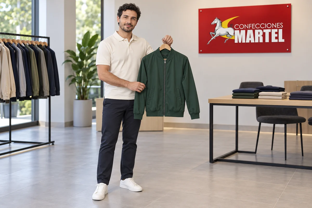 Modelo adulto presenta un polo marfil y una chaqueta verde bosque en percha