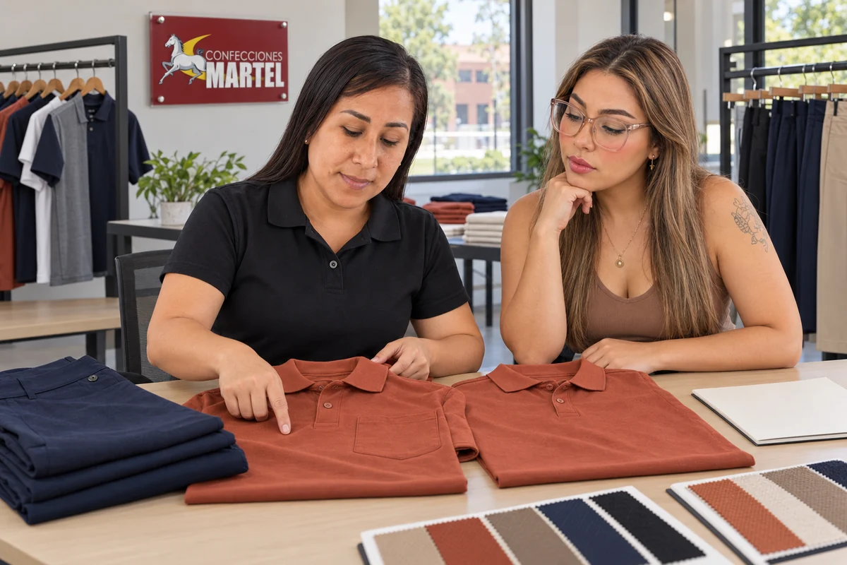 Dos modelos adultas comparan polos terracota con bolsillo y pecho liso junto a un pantalón azul marino