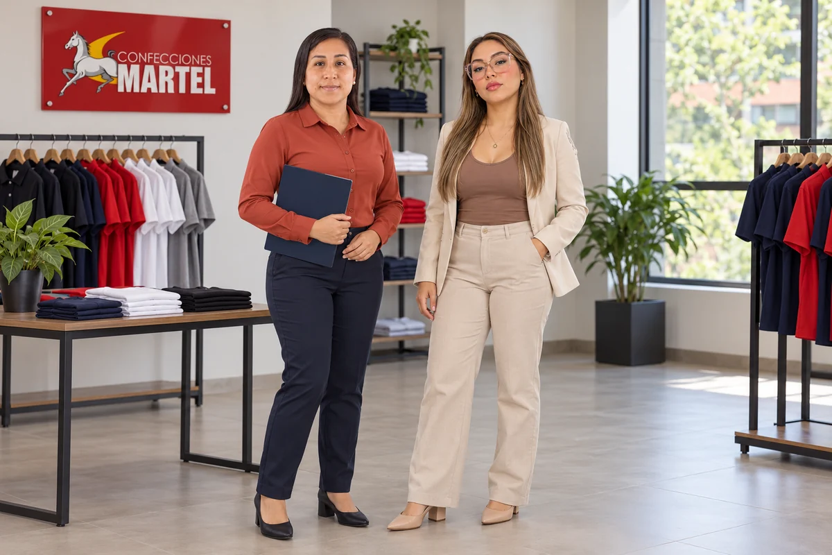 Dos modelos adultas presentan una camisa terracota con pantalón azul marino y una carpeta sin marcas