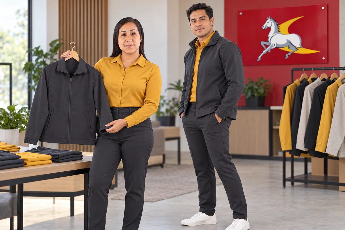 Modelos adultos presentan blusa mostaza y casaca grafito con cierre