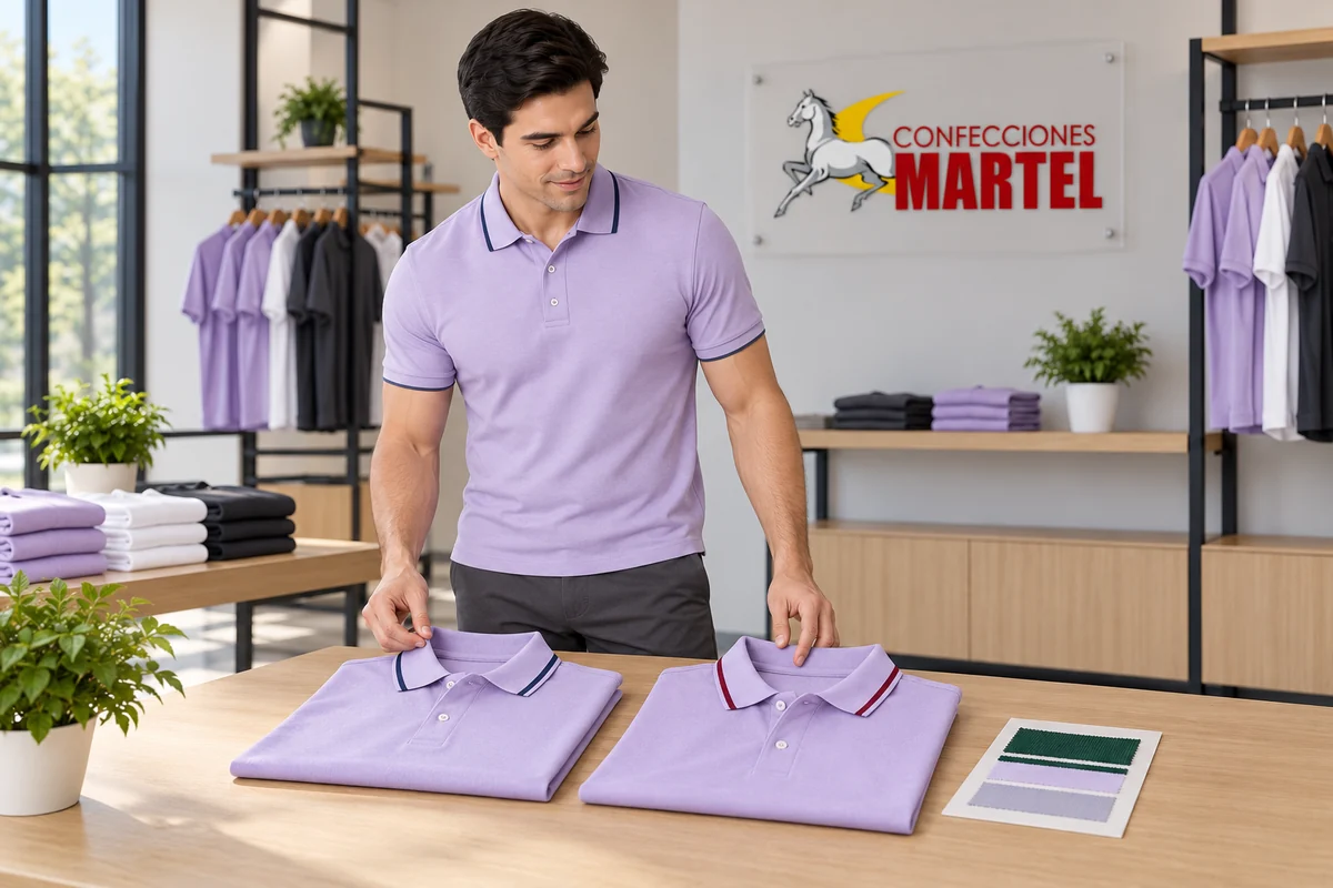 Modelo adulto compara polos lila con distintos ribetes de cuello