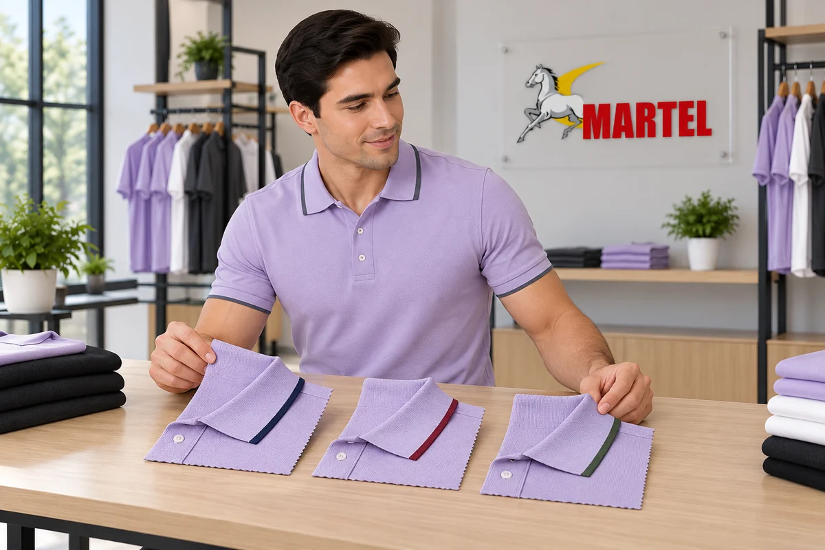 Modelo adulto muestra tres cuellos lila con ribetes azul, granate y verde
