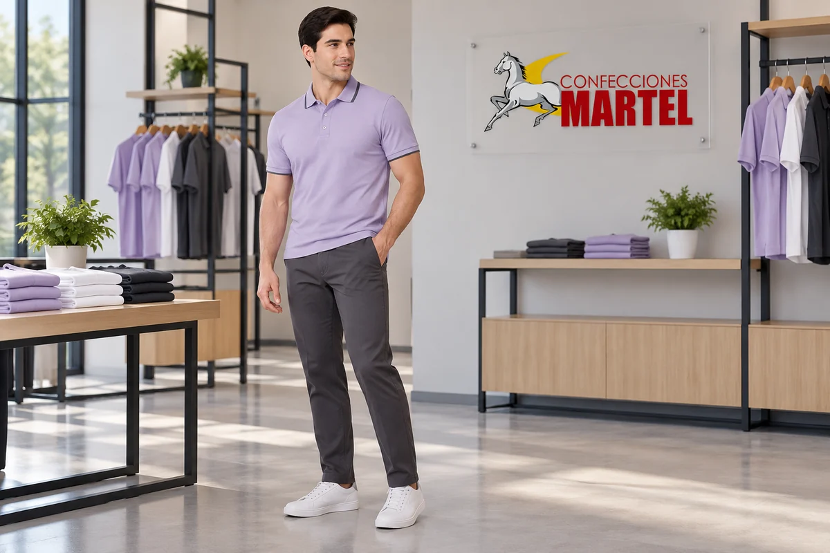 Modelo adulto con polo lila de ribete gris y pantalón gris oscuro