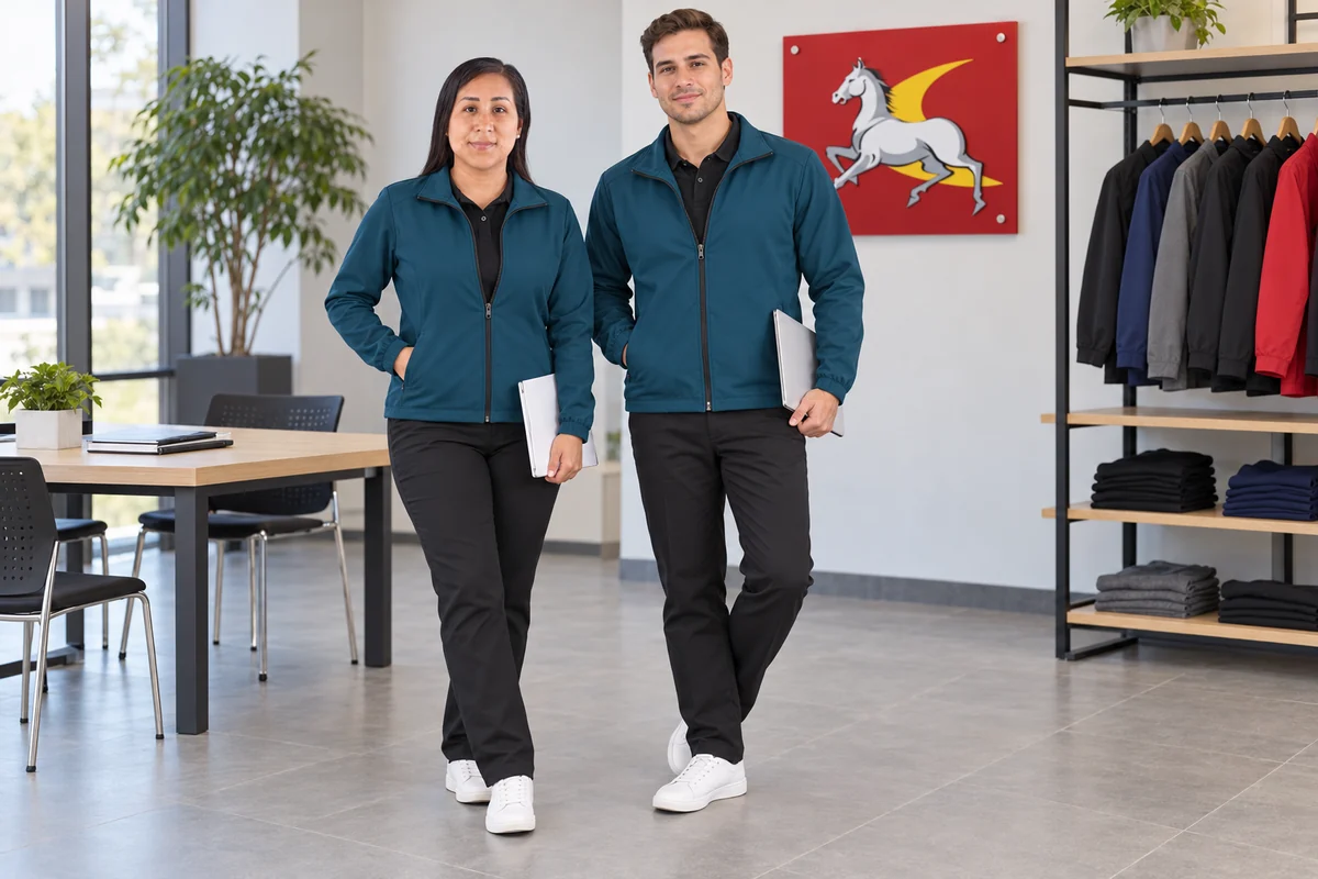Modelos adultos con casacas turquesa oscuro, polos negros y pantalones negros