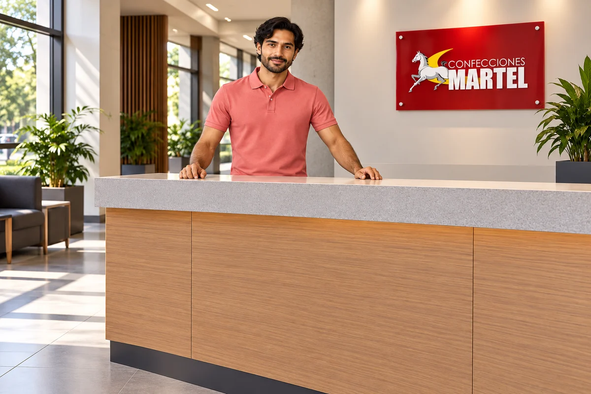 Modelo adulto con polo coral detrás de un mostrador despejado