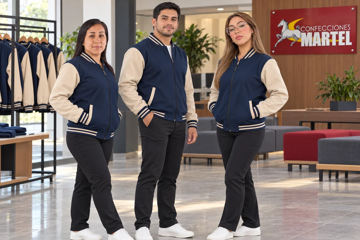 Tres modelos adultos presentan casacas azules con mangas arena sin nombres