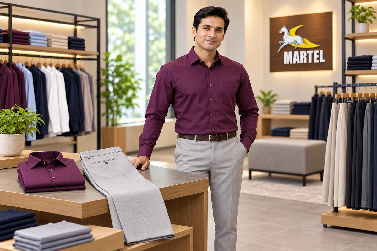 Modelo adulto presenta camisa ciruela y pantalón gris claro como prendas separadas