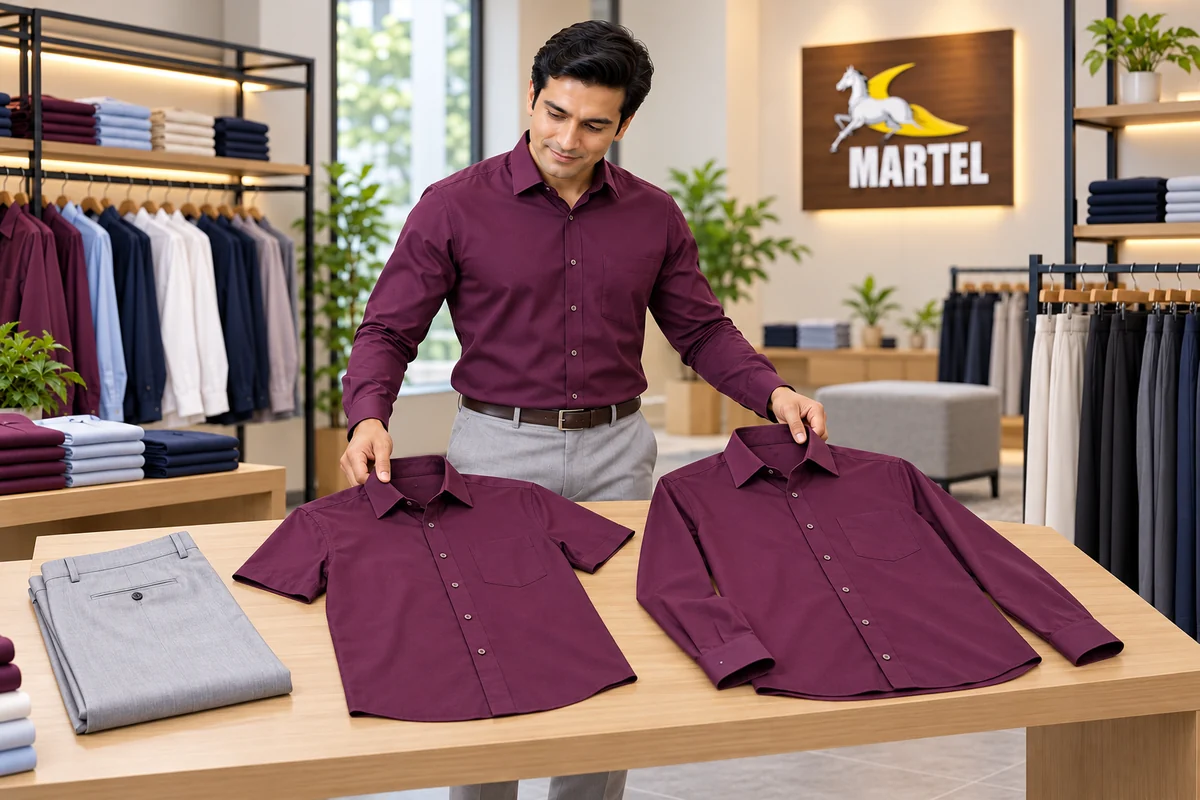 Modelo adulto compara camisas ciruela de manga corta y larga