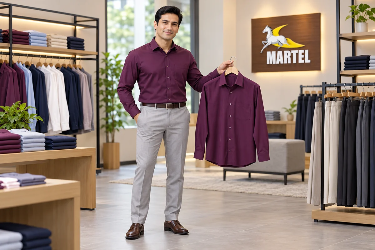 Modelo adulto con camisa ciruela y pantalón gris claro sostiene una camisa en percha