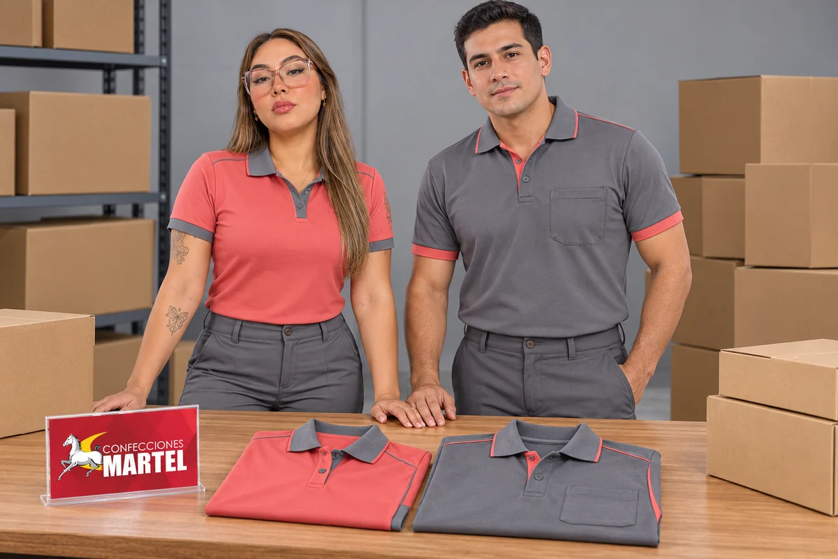 Modelos junto a polos coral y gris con cuellos contrastantes plegados sobre mesa.