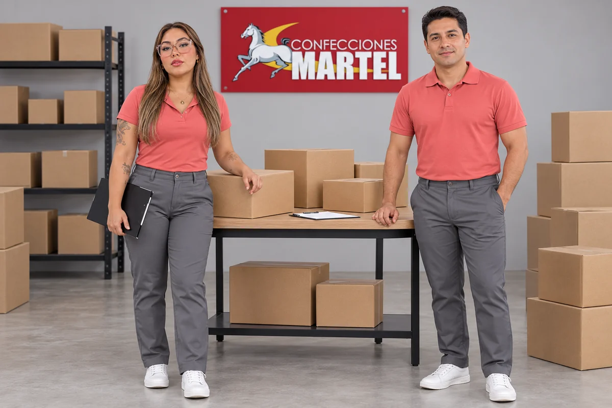 Modelo femenina y masculino con polos coral y pantalones rectos grises frente a mesa de muestras.