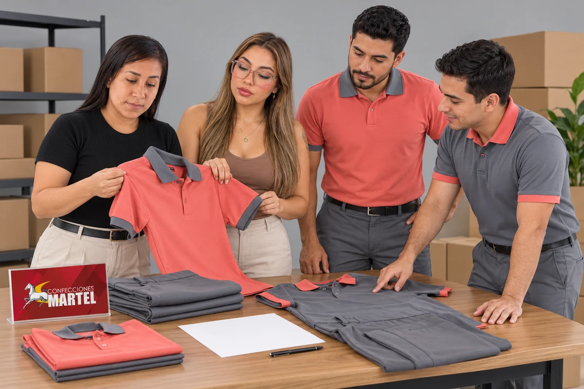 Dos mujeres y dos hombres revisan muestras de polos coral y gris sobre una mesa.