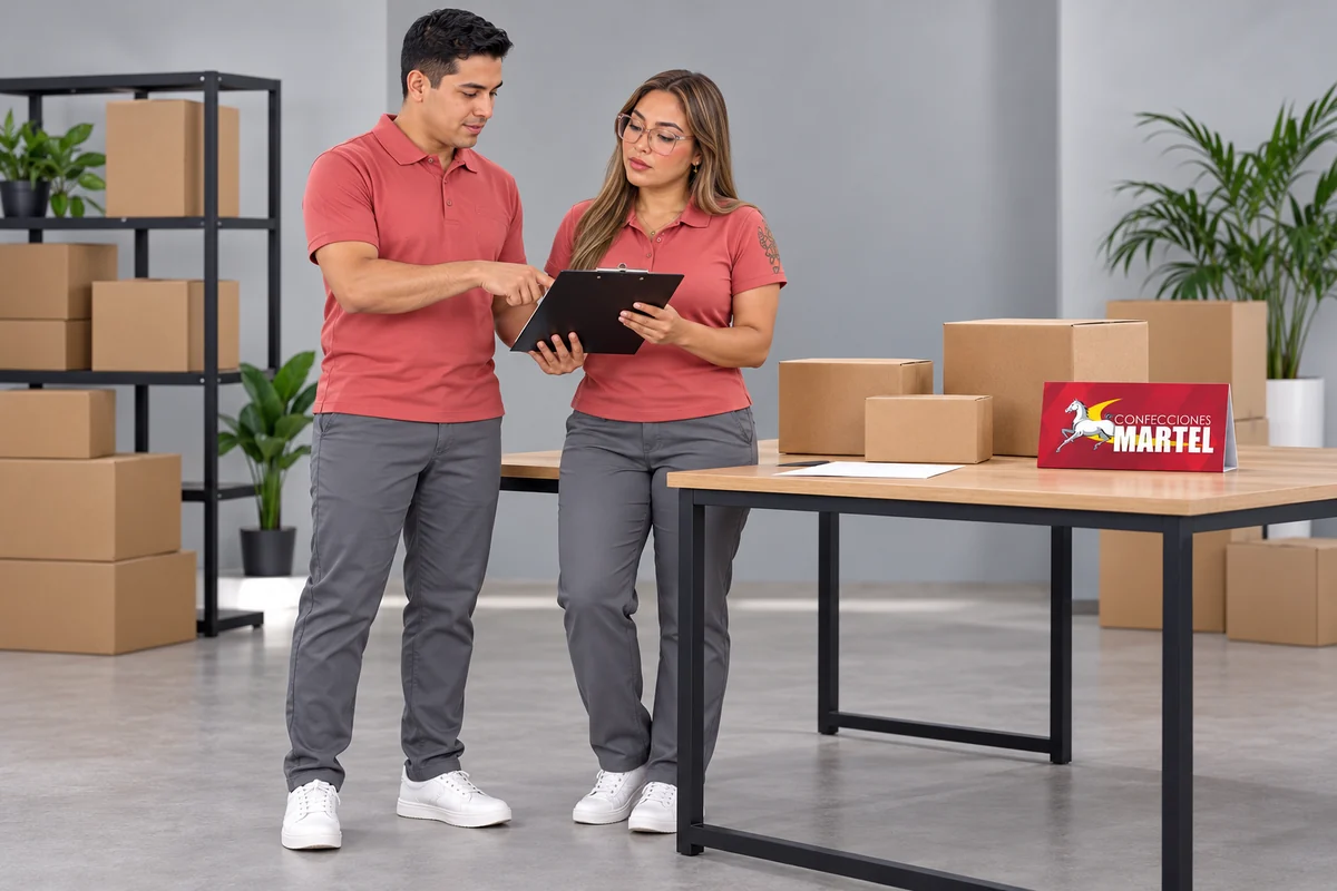 Modelos con polos coral y pantalones grises revisan una carpeta junto a cajas lisas.