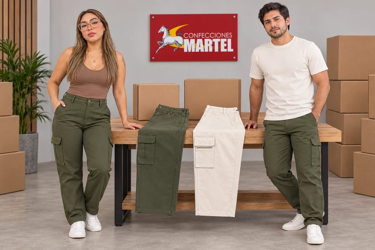 Dos modelos presentan pantalones oliva y blanco roto con bolsillos laterales distintos.
