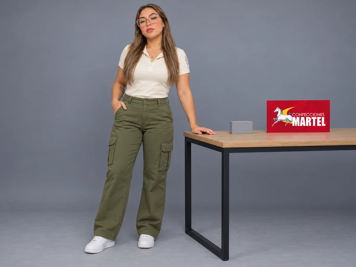 Modelo con pantalón oliva de bolsillo lateral junto a un bloque gris sobre mesa.