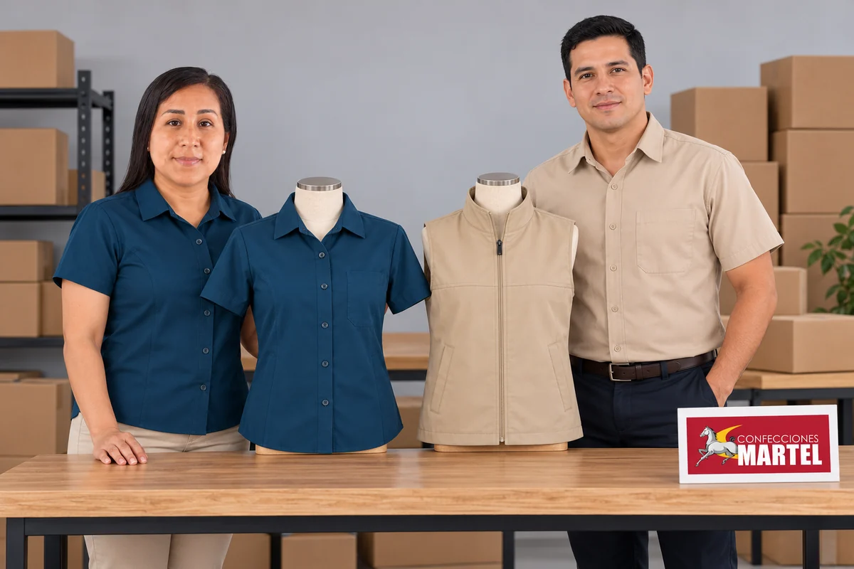 Modelos presentan una camisa azul petróleo y un chaleco arena en maniquíes de mesa.