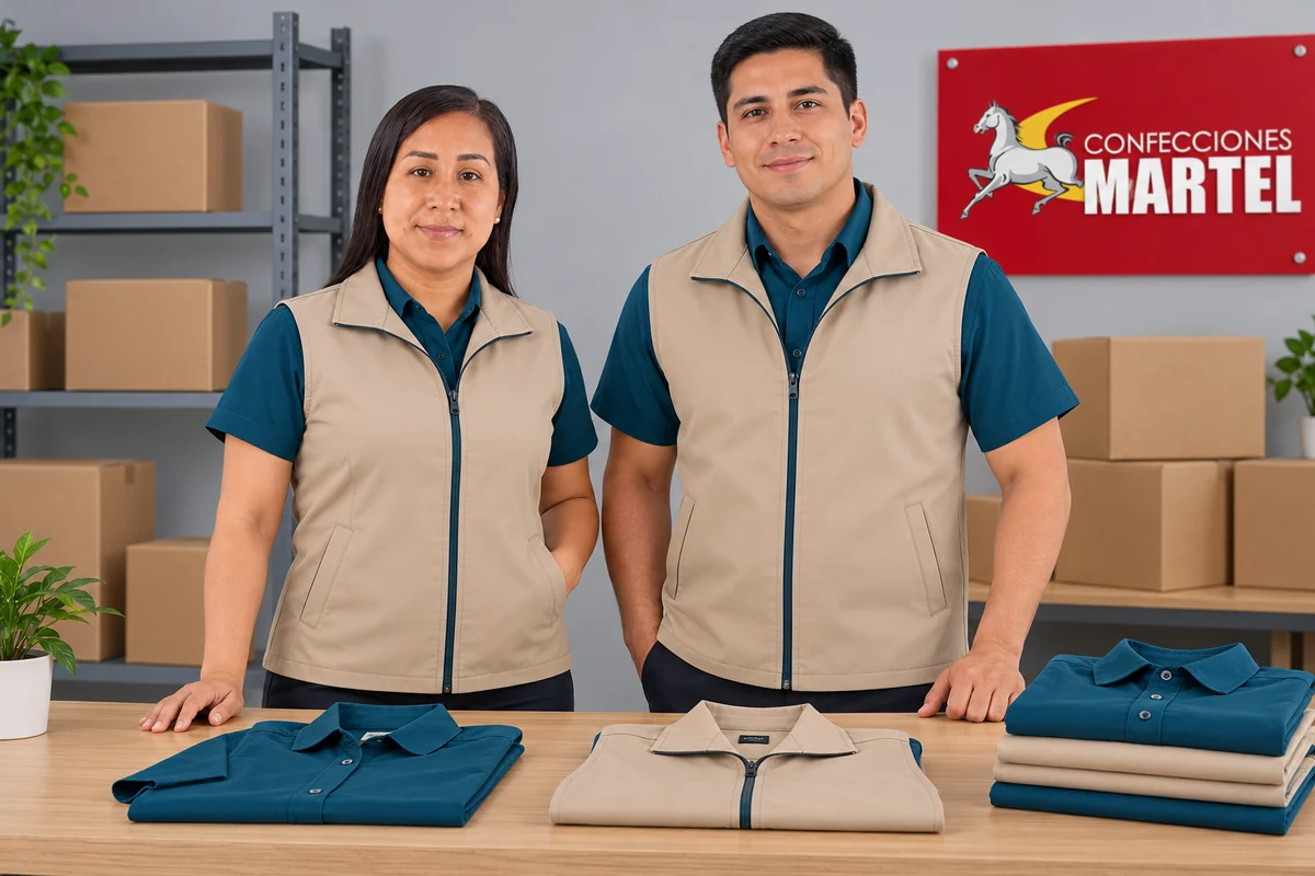 Vista frontal de chalecos arena sobre camisas azul petróleo con muestras plegadas.