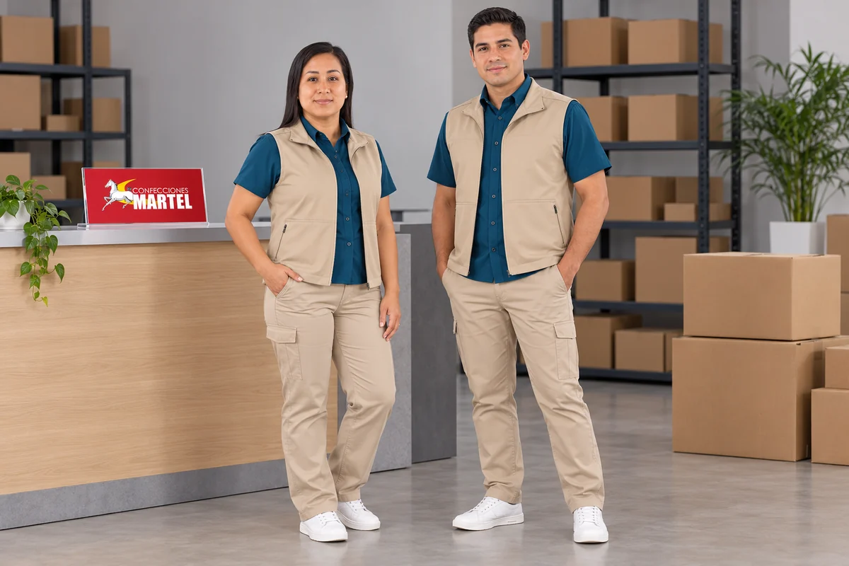 Mujer y hombre con camisas azul petróleo y chalecos arena junto a mostrador conceptual.