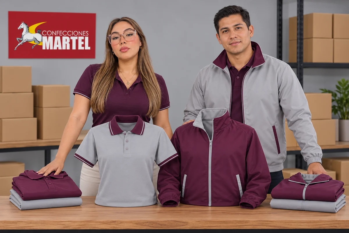 Modelos junto a polo gris de cuello ciruela y casaca ciruela con cierre sobre mesa.