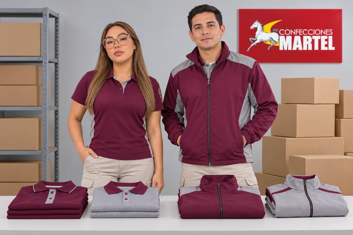 Modelos muestran polo y casaca ciruela ante prendas plegadas grises y ciruela.