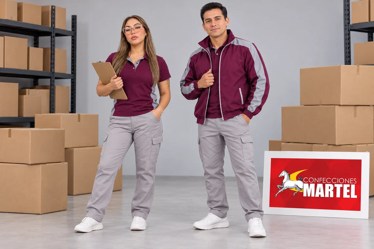 Modelos con polo y casaca ciruela de paneles grises y pantalones claros en estudio.
