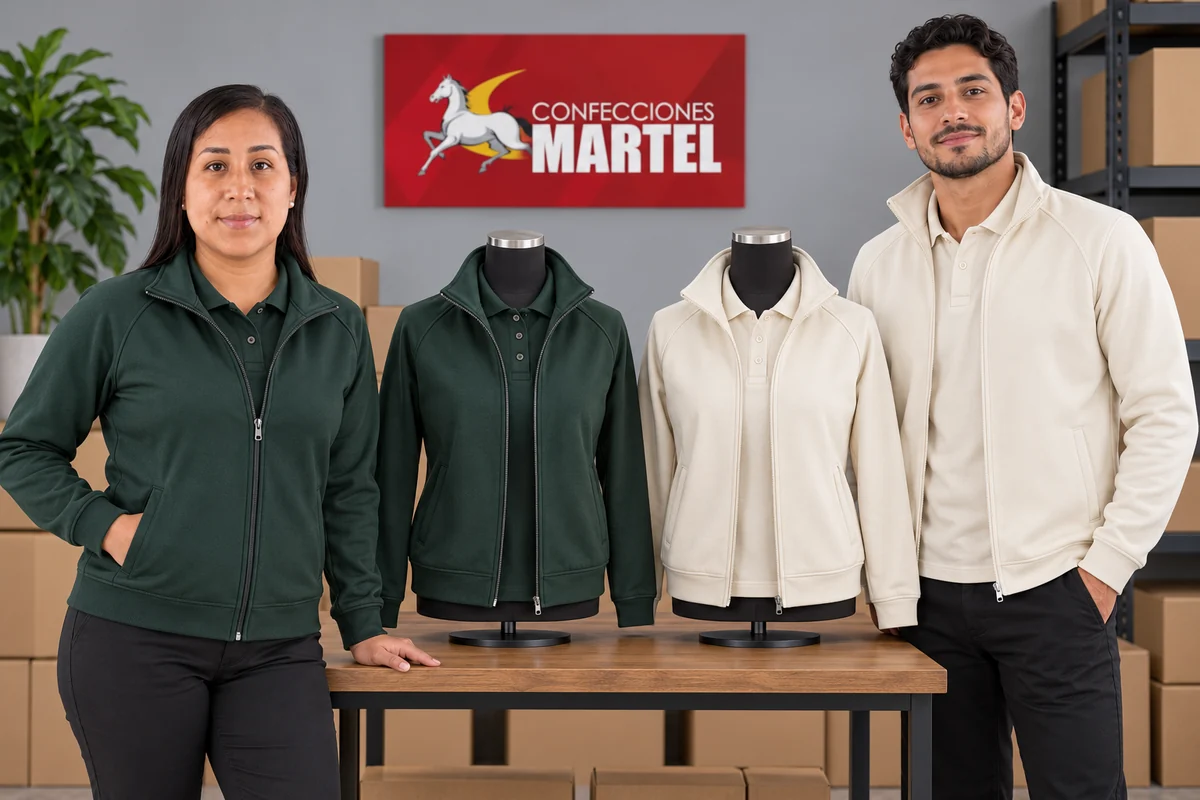 Modelos junto a casacas verde bosque y marfil sobre polos en maniquíes de mesa.