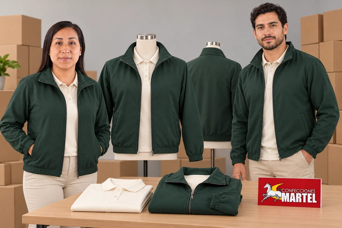 Vista frontal de modelos y maniquíes con casacas verdes abiertas sobre polos marfil.