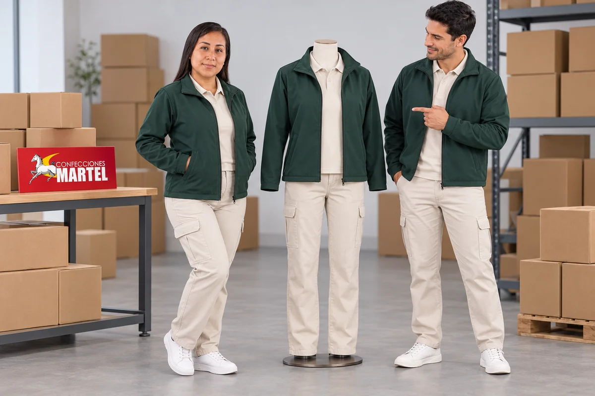 Modelos junto a maniquí con casaca verde bosque sobre polo marfil y pantalón claro.