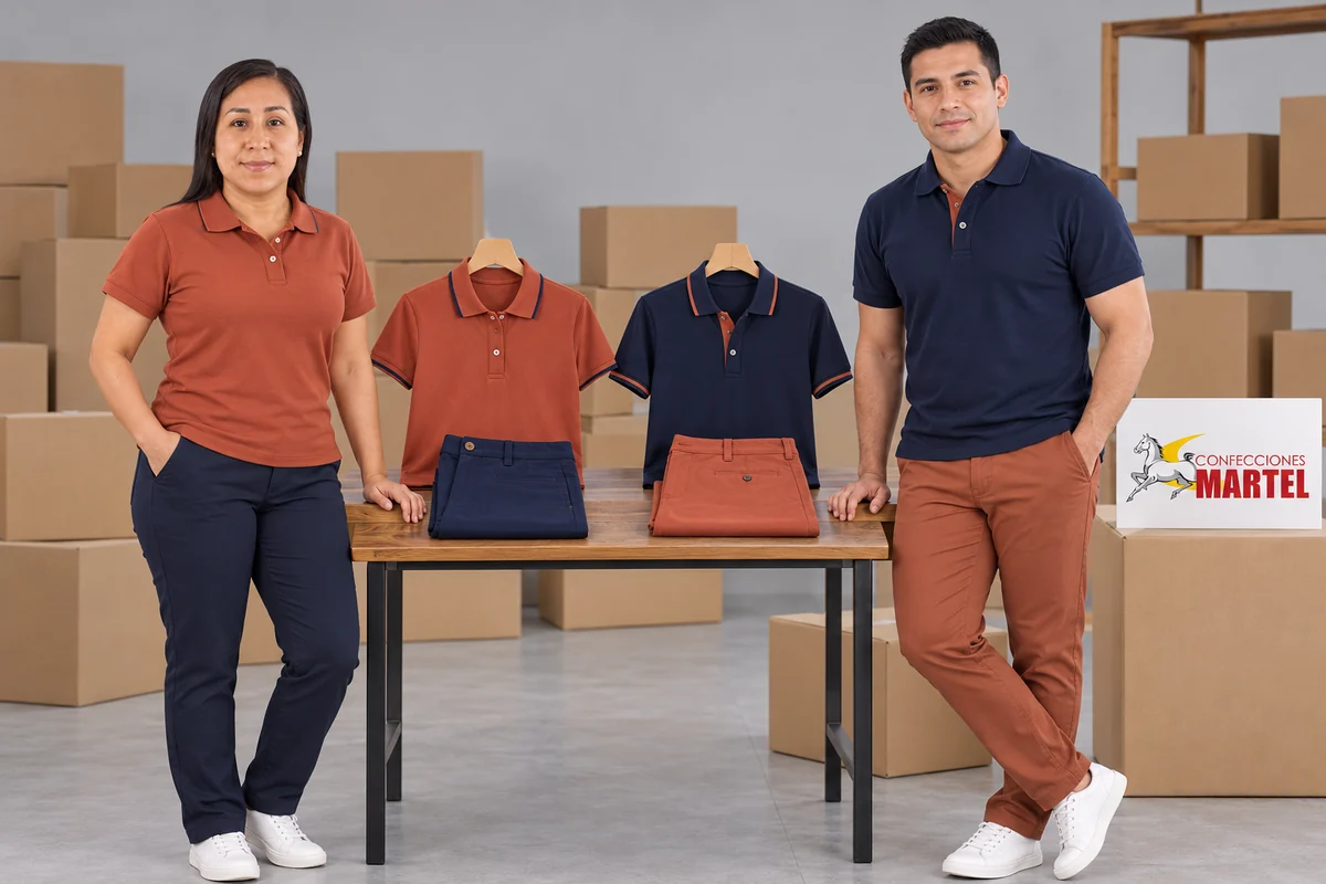 Modelos presentan polos en perchas y pantalones plegados terracota y marino por separado.
