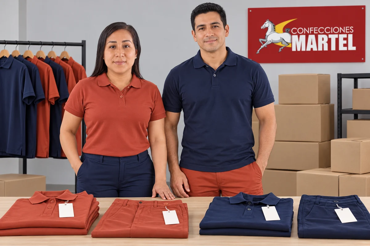 Modelos detrás de polos y pantalones plegados con etiquetas blancas individuales.
