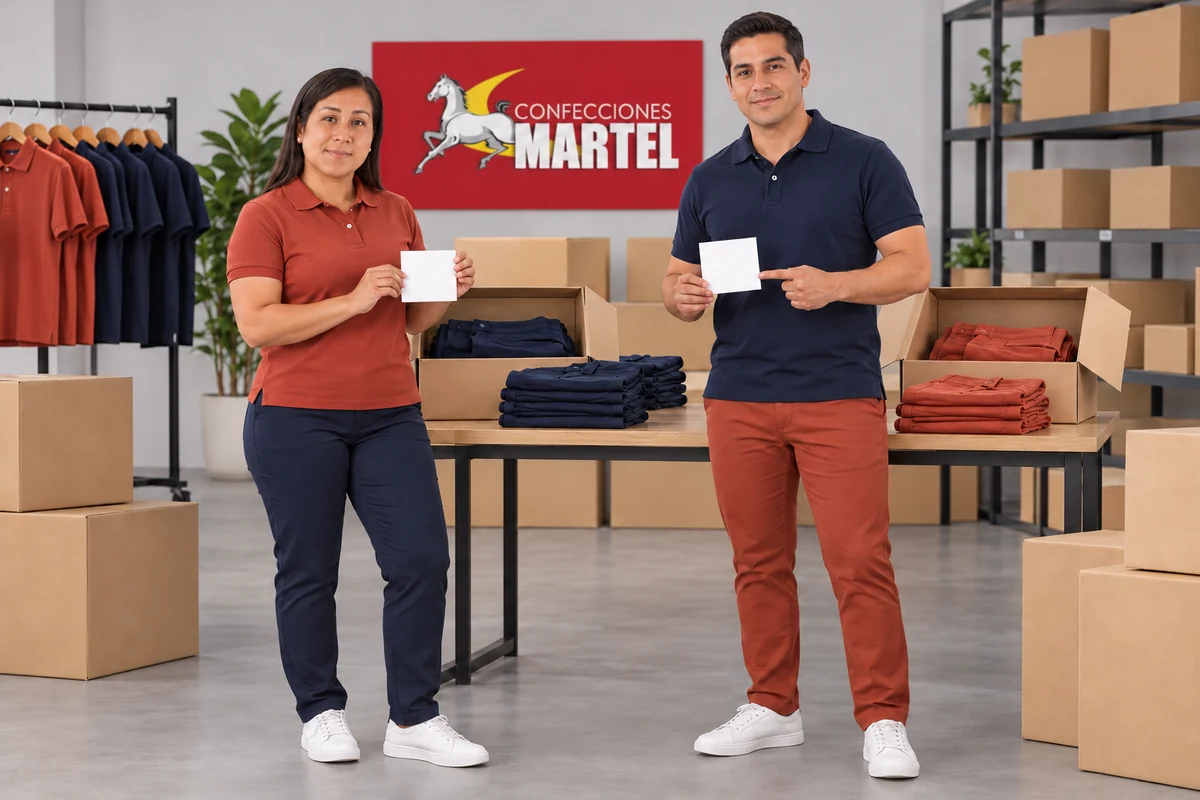 Modelos con polos y pantalones terracota y azul marino sostienen tarjetas blancas sin texto.