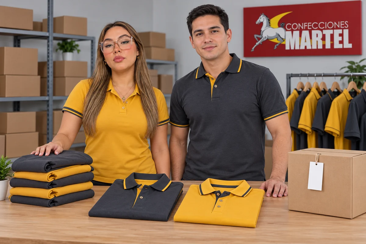 Modelos junto a polos grafito y mostaza y caja lisa con etiqueta sin texto.