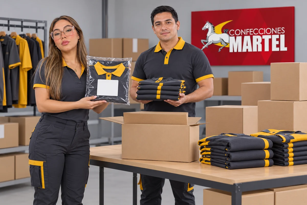 Modelos con polos grafito y mostaza presentan prendas plegadas y un empaque transparente de etiqueta blanca.
