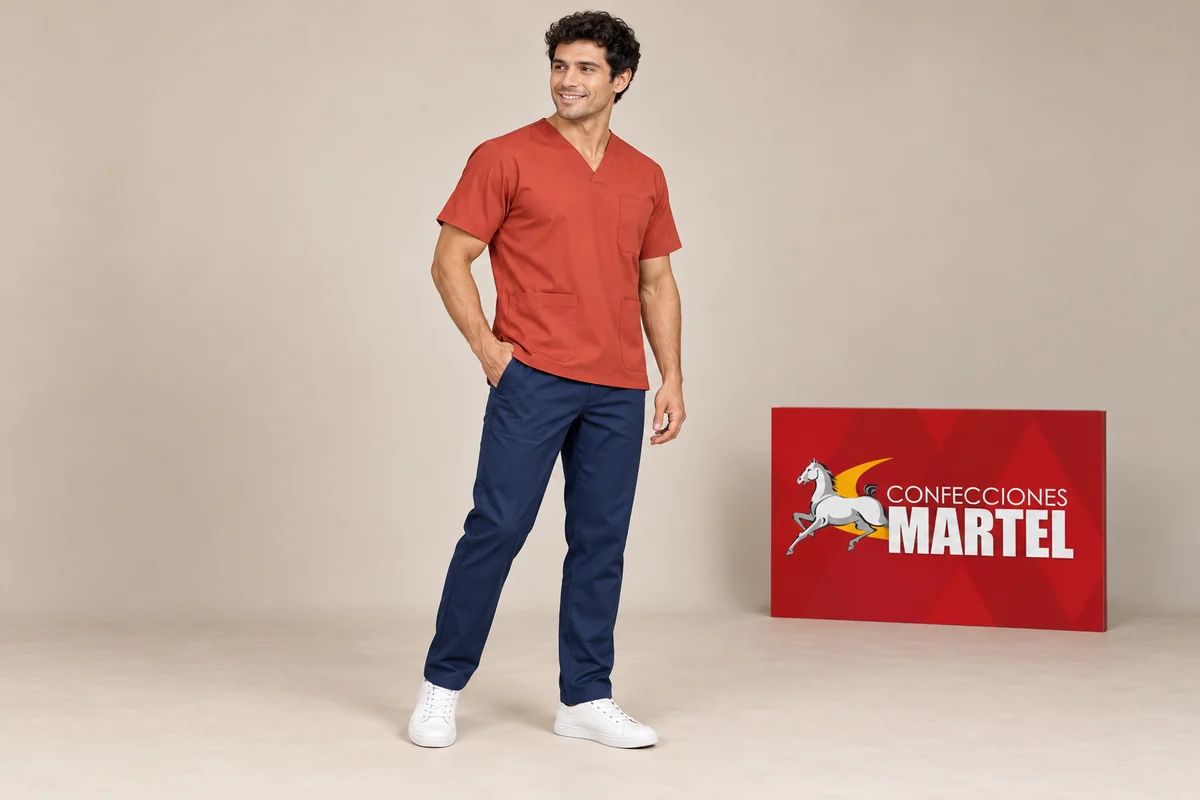 Modelo adulto con scrub terracota de cuello V y pantalón azul marino en estudio.