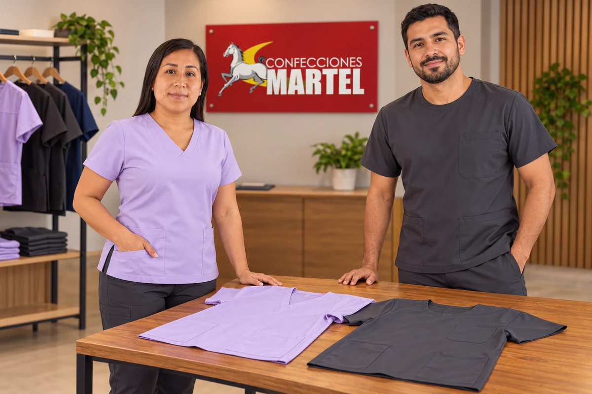 Una mujer y un hombre junto a muestras de top lila de cuello V y gris de cuello redondo.