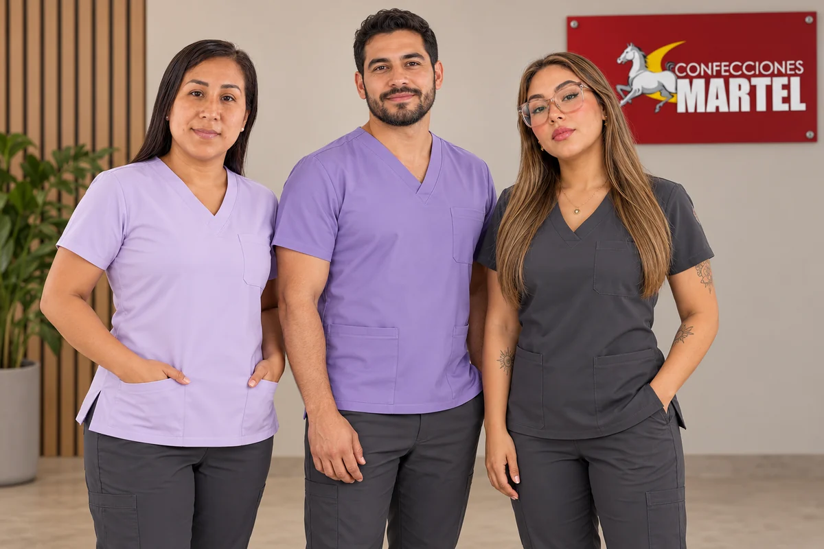 Tres adultos muestran de frente tops de cuello V en lila claro, lila medio y gris oscuro.
