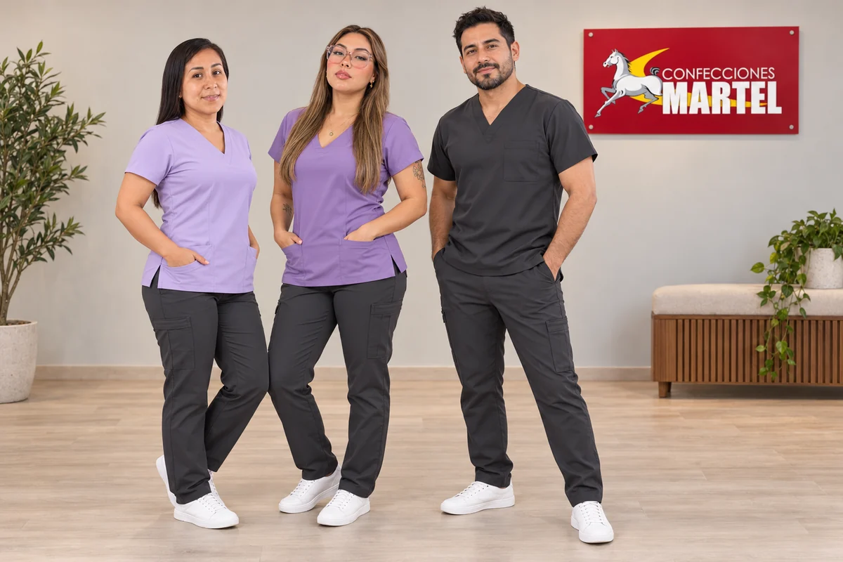 Dos mujeres y un hombre con tops scrub en dos tonos de lila y gris oscuro, pantalones grises y zapatillas blancas.