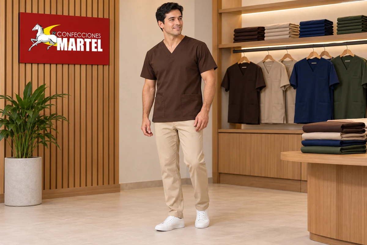 Hombre con filipina chocolate de dos bolsillos bajos y pantalón beige en estudio.