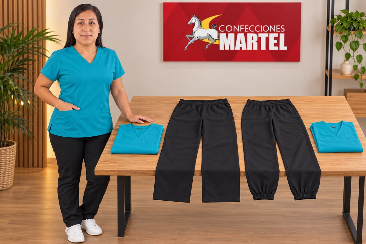 Modelo junto a dos pantalones negros extendidos, con bajos rectos y fruncidos.
