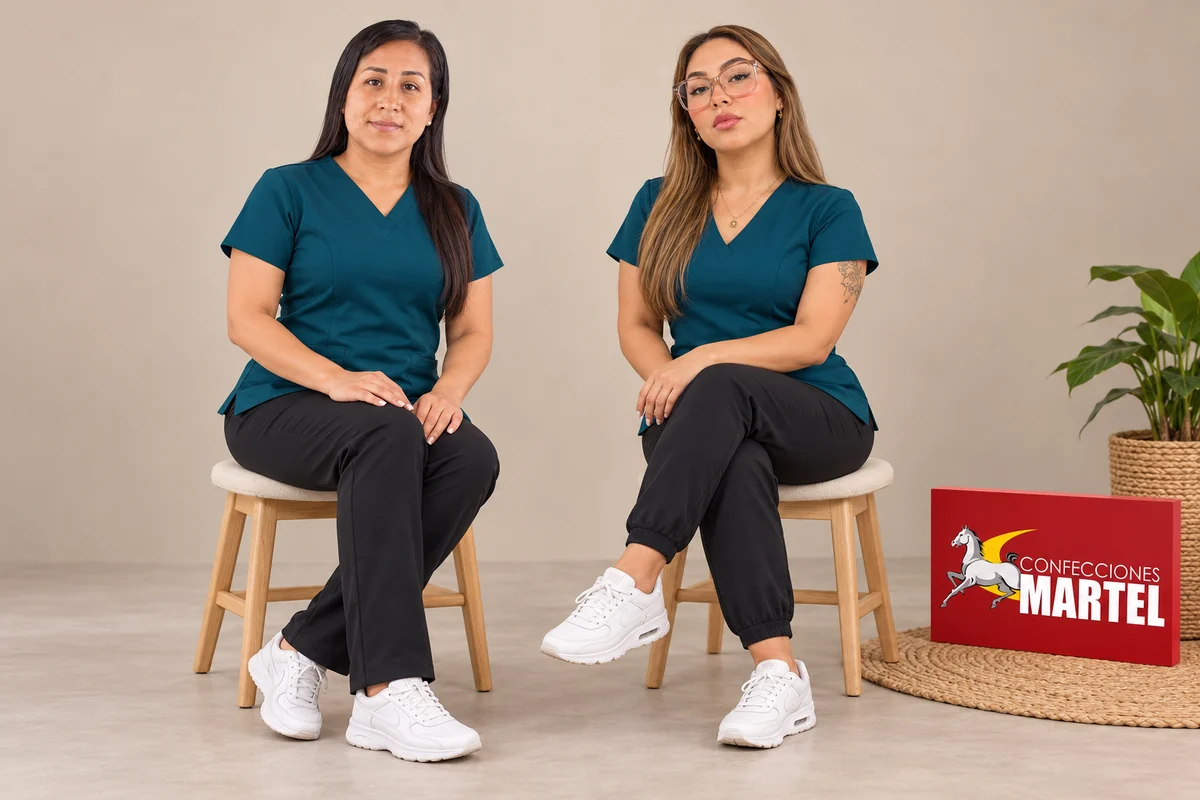 Modelos sentadas muestran los bajos de pantalones negros rectos y con puño.
