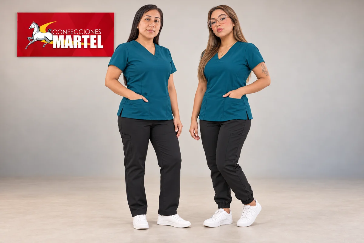 Dos mujeres con tops turquesa y pantalones negros, uno recto y otro con puños en los tobillos.